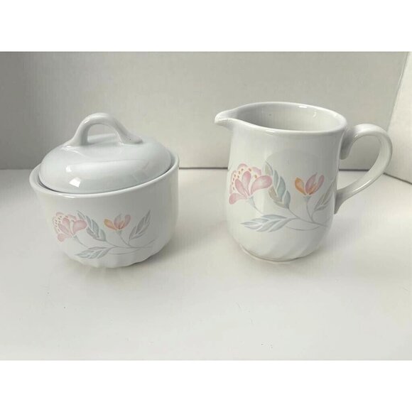 CORELLE Pink Trio Open Knob-Sugar Bowl & Creamer Set White Swirl - Picture 1 of 5